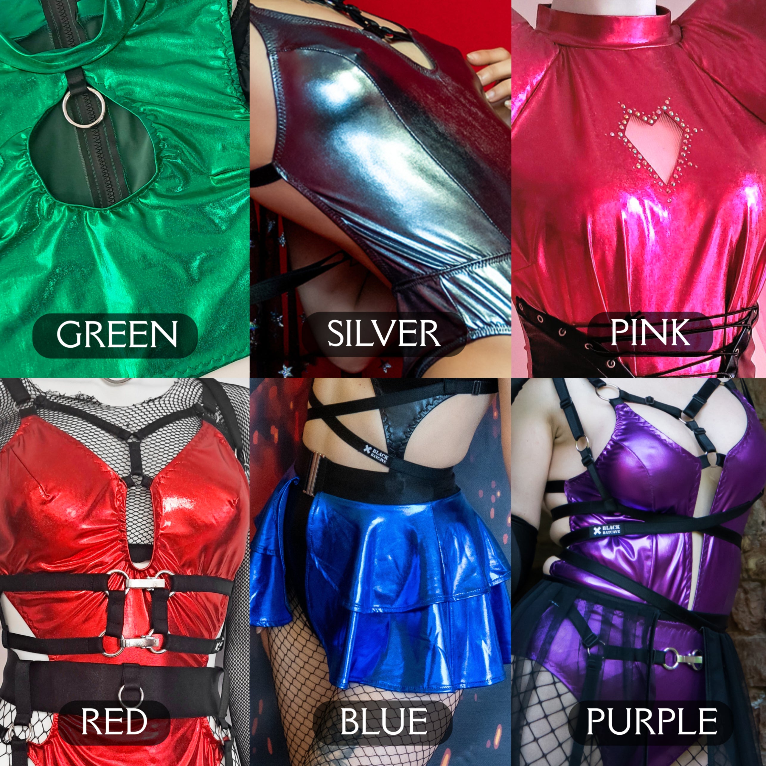 Collage of metallic outfits in green, silver, pink, red, blue, and purple with labels underneath.
