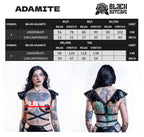Size chart for a chest harness with a model wearing it, featuring 'Black Batcave' branding.