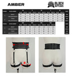 Measurement chart and demonstration of a black satin shine strappy garter belt product with 'Black Batcave' branding.