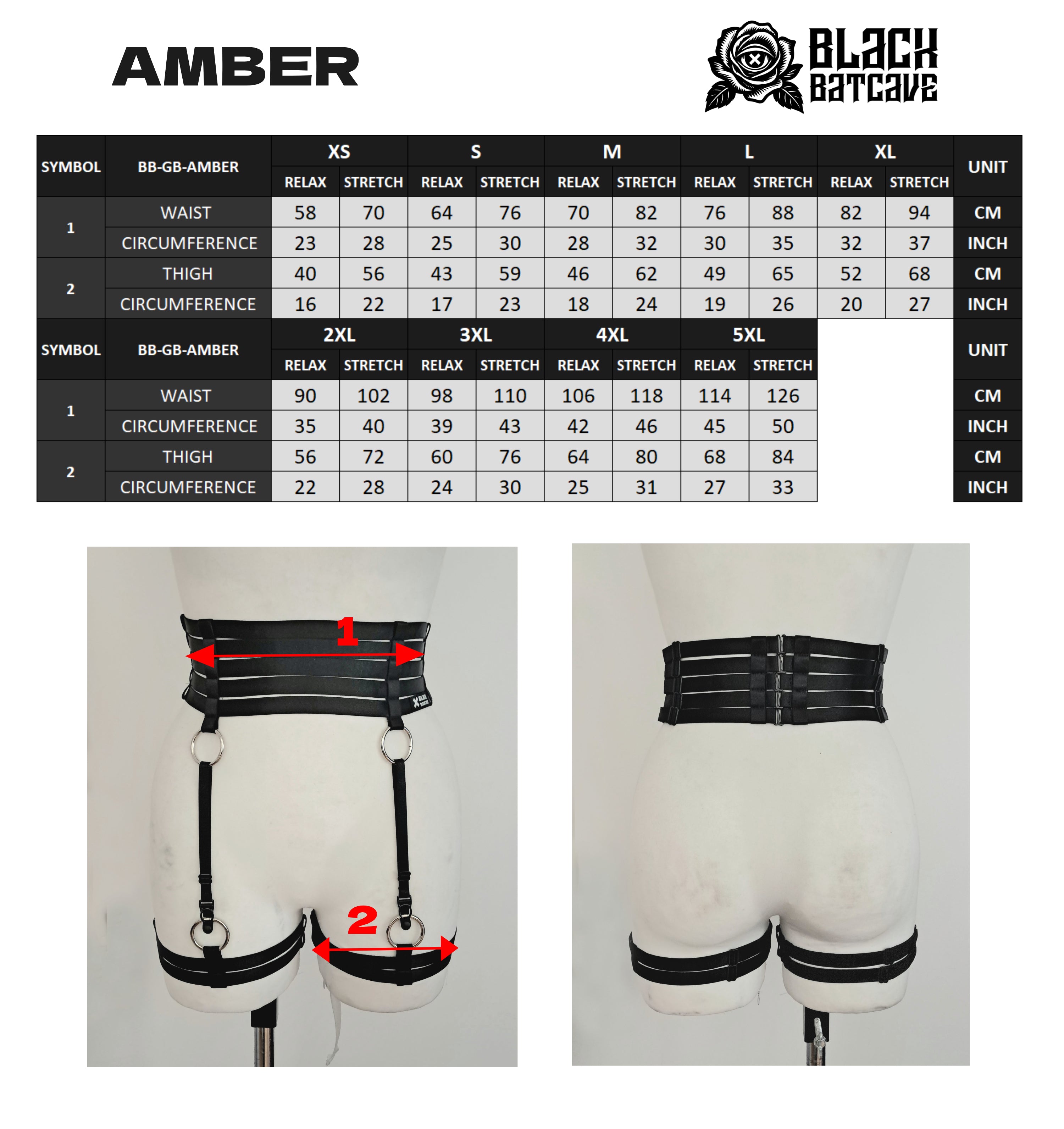 Measurement chart and demonstration of a black satin shine strappy garter belt product with 'Black Batcave' branding.