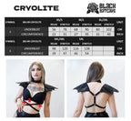 Size chart for a harness with bat wings epaulets with measurement details and model wearing the outfit.
