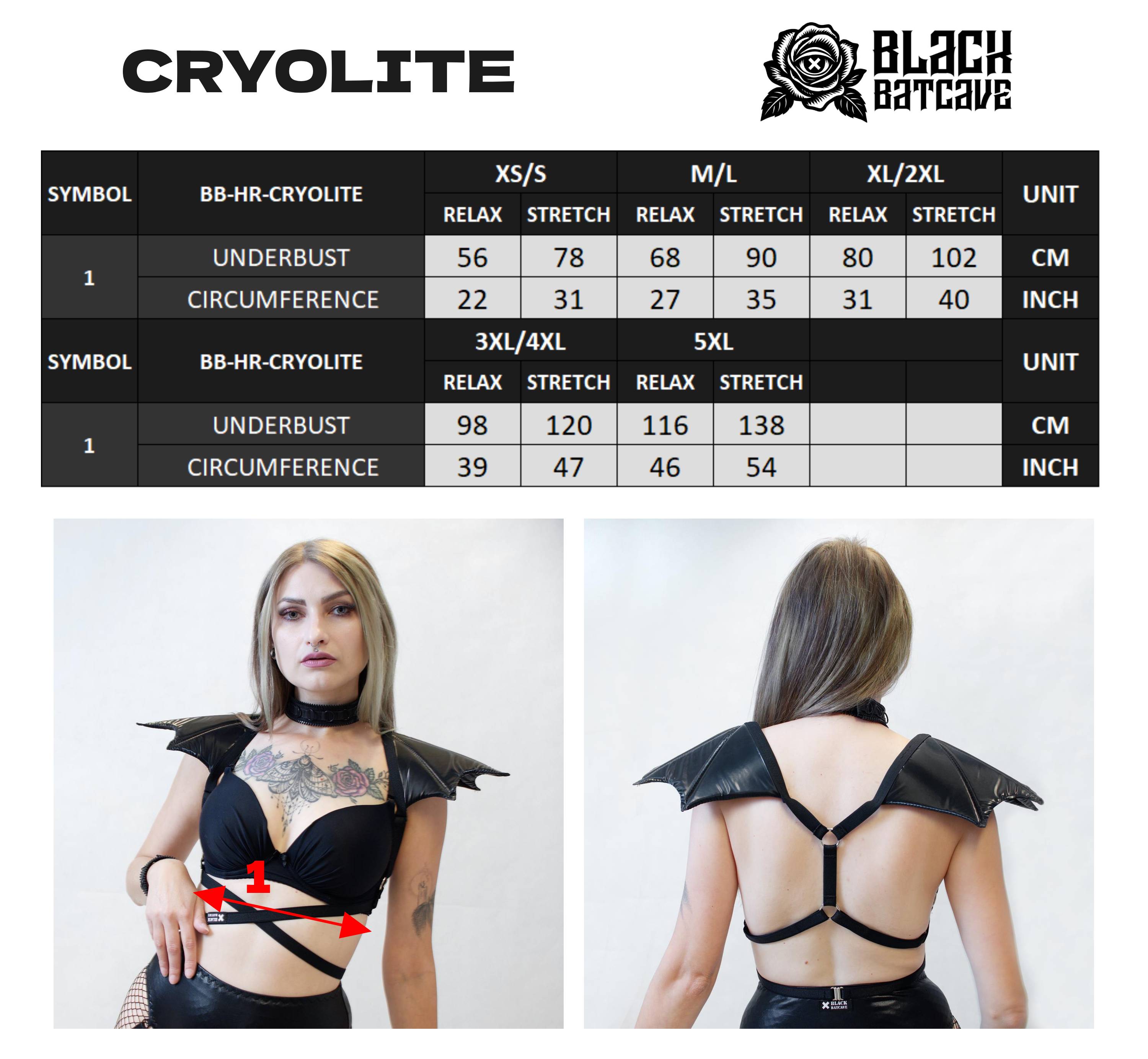 Size chart for a harness with bat wings epaulets with measurement details and model wearing the outfit.