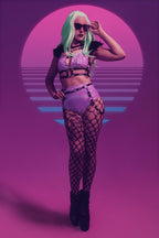 Person in a wet-look high waist panties with fishnet stockings against a pink and blue gradient background