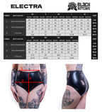 Size chart for wet-look high waist panties with measurements and a model wearing the underwear.