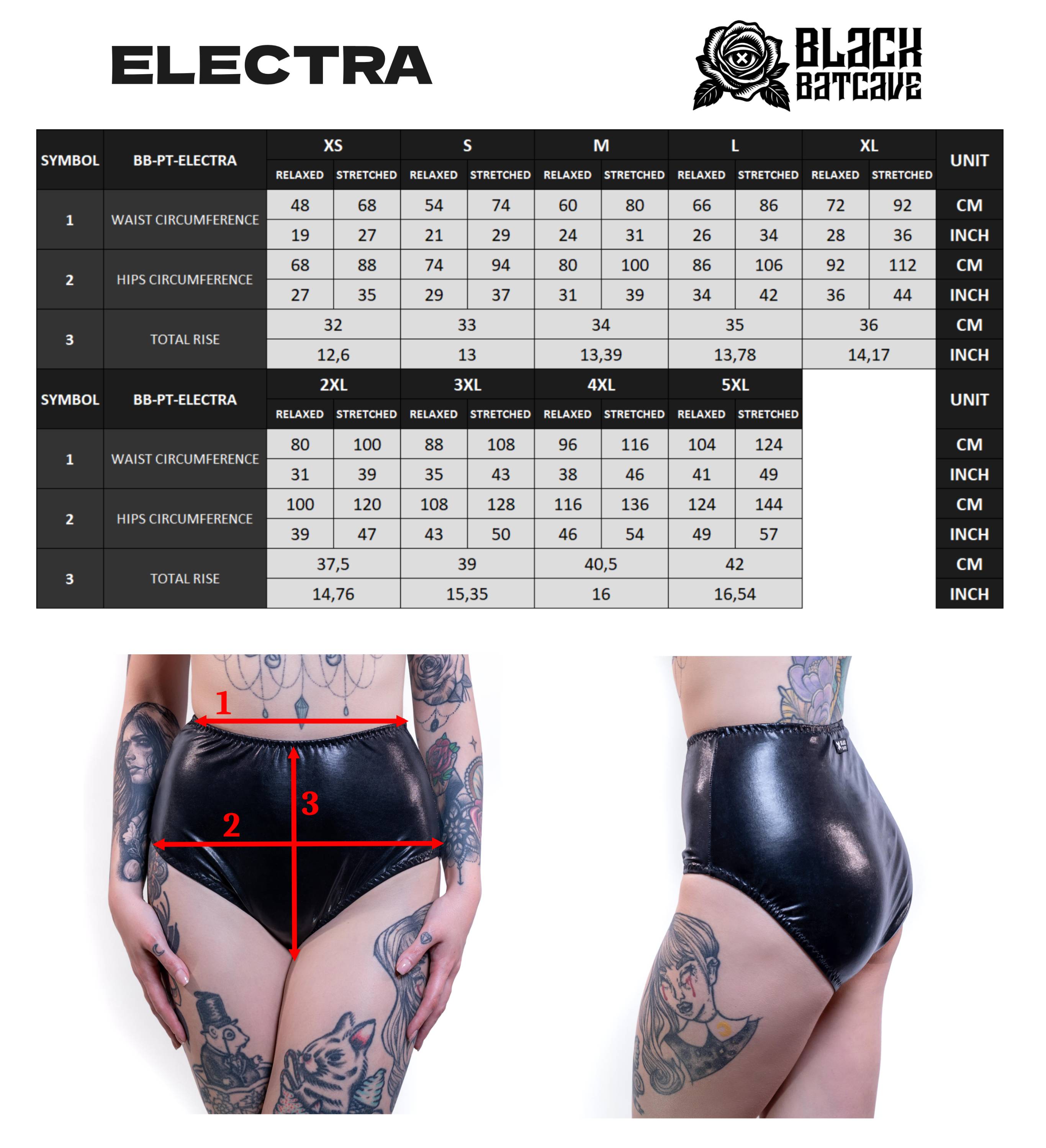 Size chart for wet-look high waist panties with measurements and a model wearing the underwear.