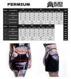Measurement chart for a black wet-look cut-out mini skirt with size guide and model wearing the skirt.