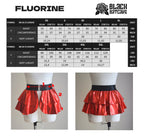 Red wet-look open front mini skirt on a mannequin with size chart and brand logos.