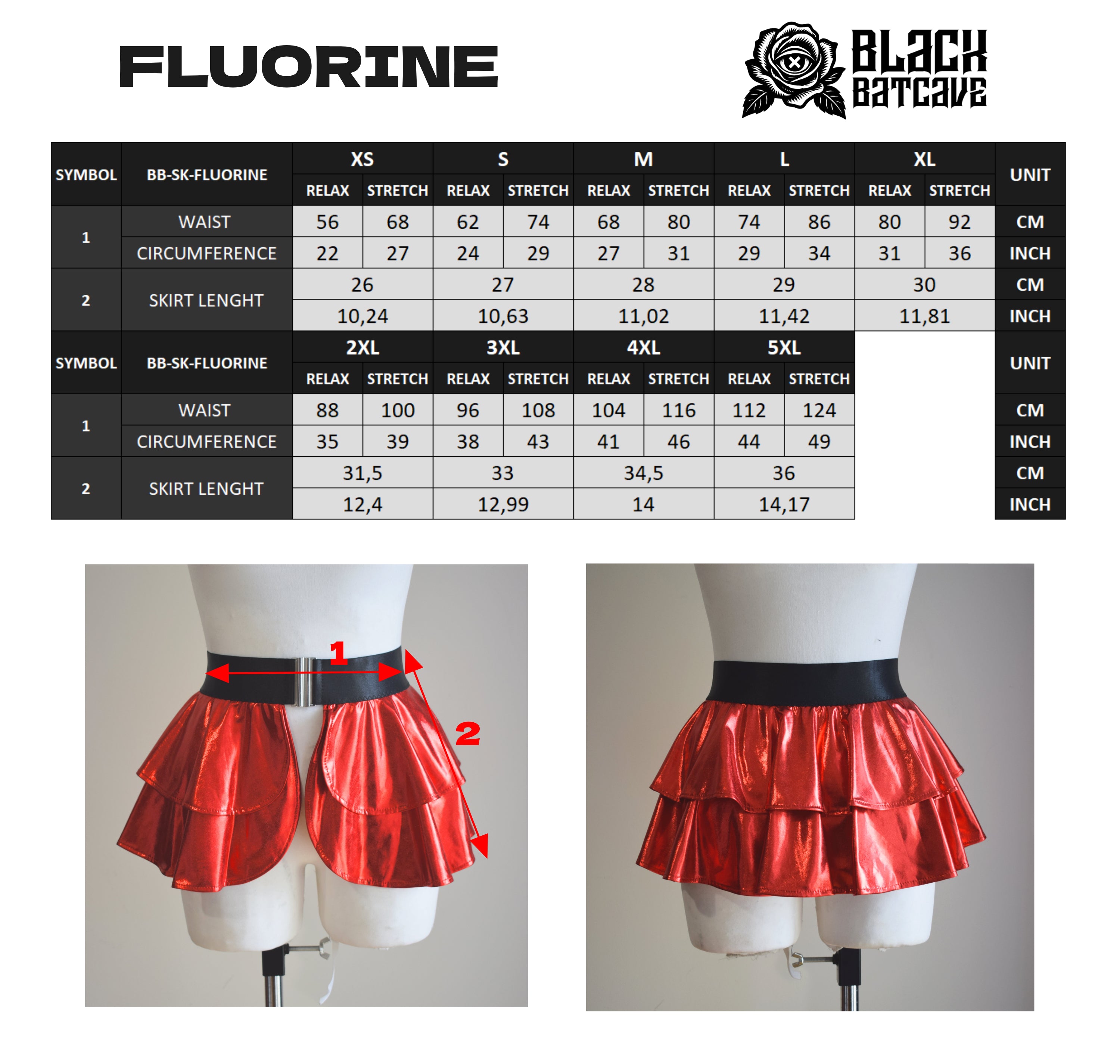 Red wet-look open front mini skirt on a mannequin with size chart and brand logos.