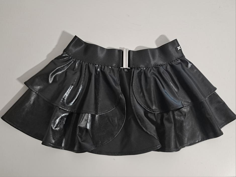 Black wet-look open front mini skirt on a light gray background