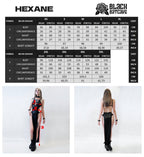 Hexane wet look cut-out dress size chart with model wearing a black dress and measurement details.