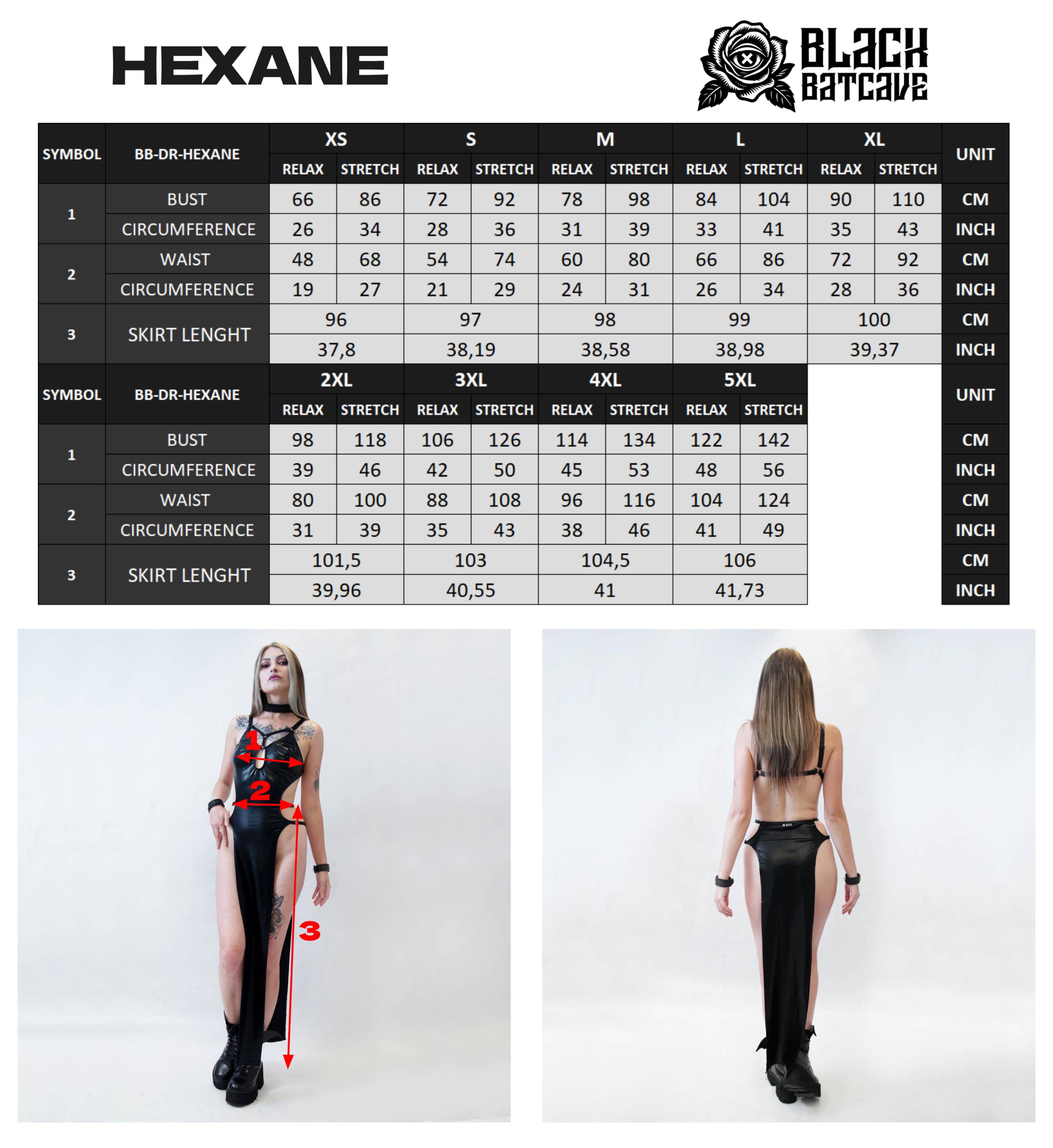 Hexane wet look cut-out dress size chart with model wearing a black dress and measurement details.
