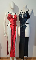 Red and black wet look cut-out dresses on mannequins against a plain background