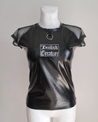 Black wet-look mesh sleeve t-shirt with 'Devilish Creature' text on a mannequin against a gray background