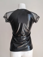 Black wet-look mesh sleeve t-shirt on a mannequin against a plain background