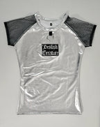 Silver metallic wet-look mesh sleeve t-shirt with on a gray background