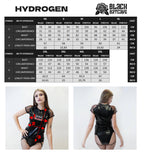Size chart for a black wet-look mesh sleeve t-shirt with measurement details and model wearing the garment.