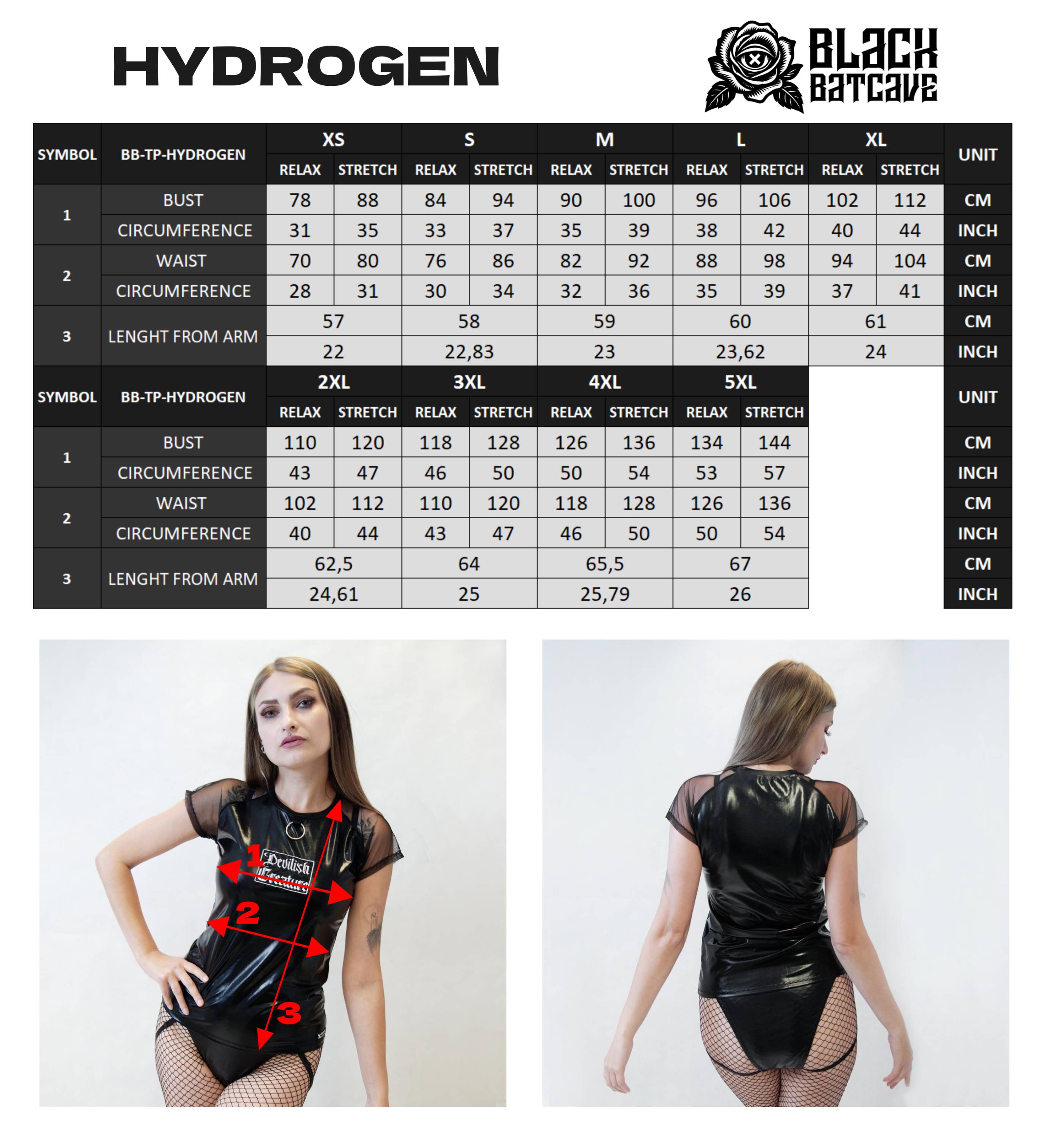 Size chart for a black wet-look mesh sleeve t-shirt with measurement details and model wearing the garment.