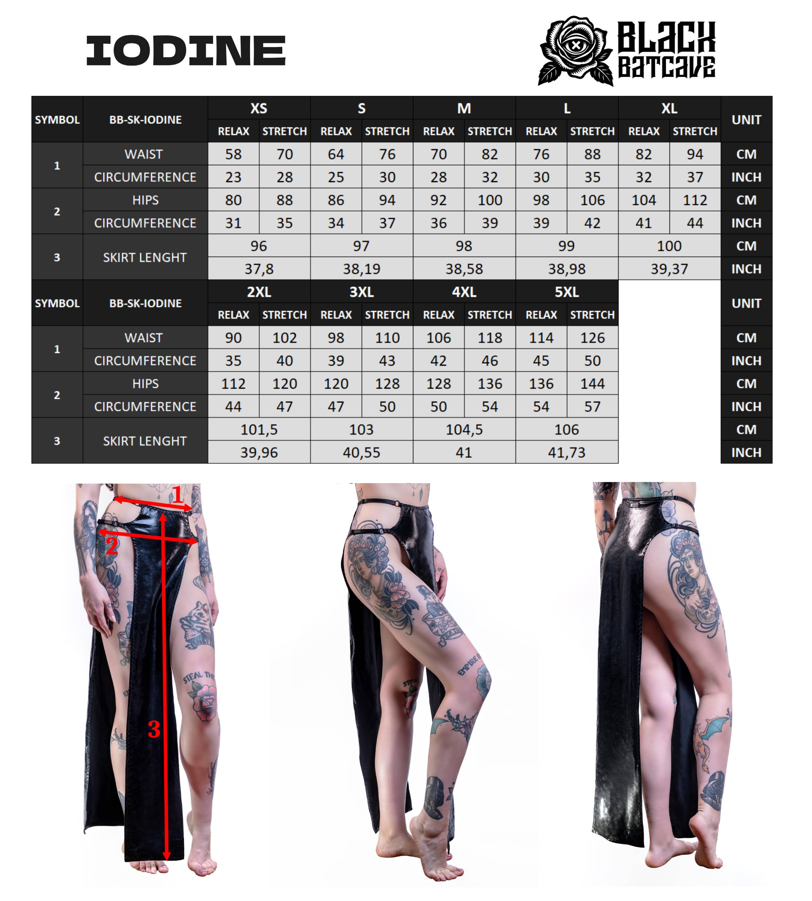 Measurement chart for 'Iodine' wet-look cut-out maxi skirt with Black Batcave branding, showing size chart and measurements.