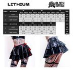 Black wet-look mini skirt with suspenders with size chart and 'Black Batcave' branding