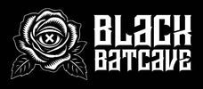 Black and white logo with a rose and 'Black Batcave' text on a black background