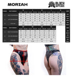 Measurement chart for wet look high waist thong with size chart and model wearing the product.