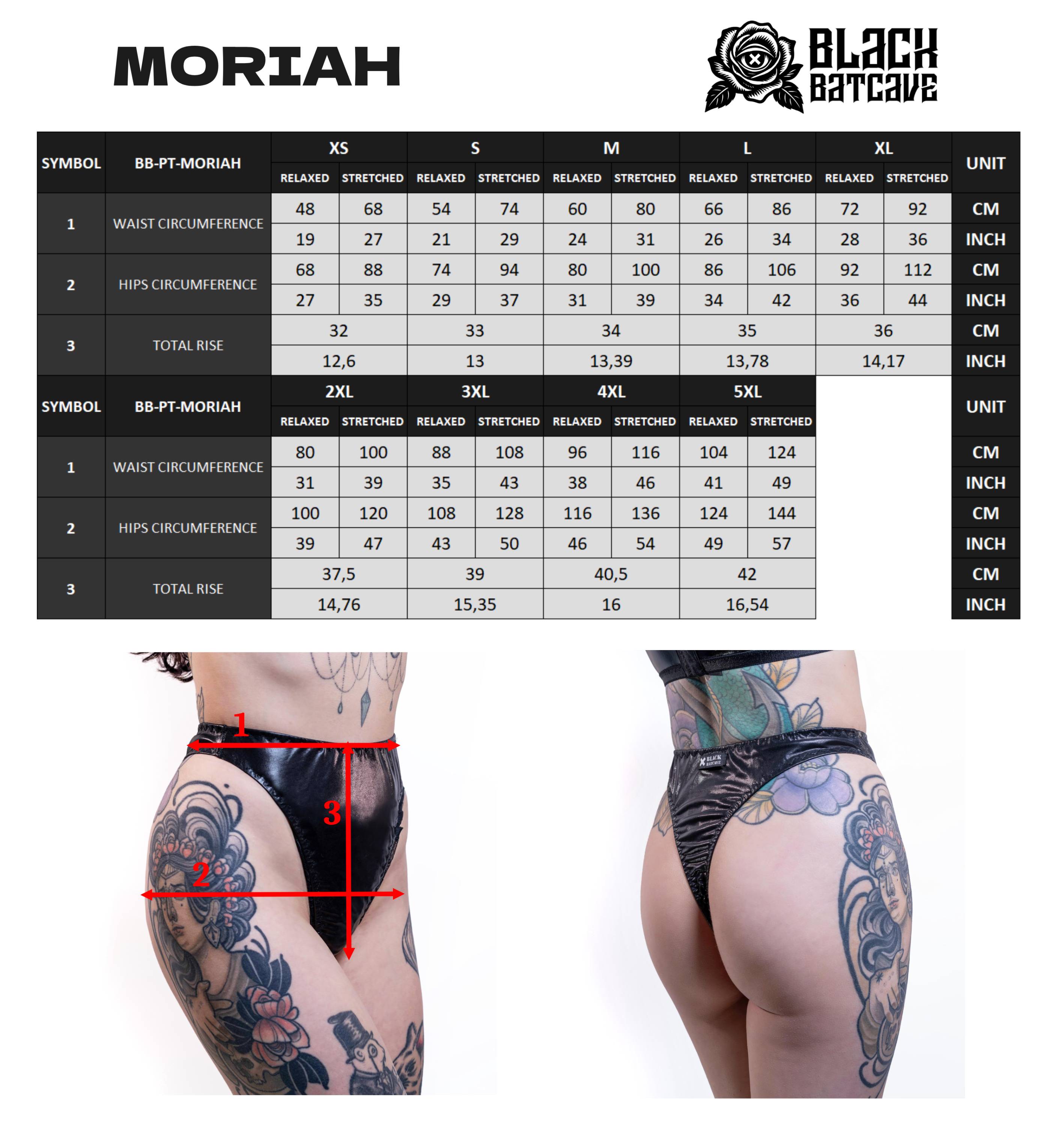 Measurement chart for wet look high waist thong with size chart and model wearing the product.