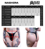 Measurement chart for strappy wet look thong, labeled 'Nashira' and 'Black Batcave'.