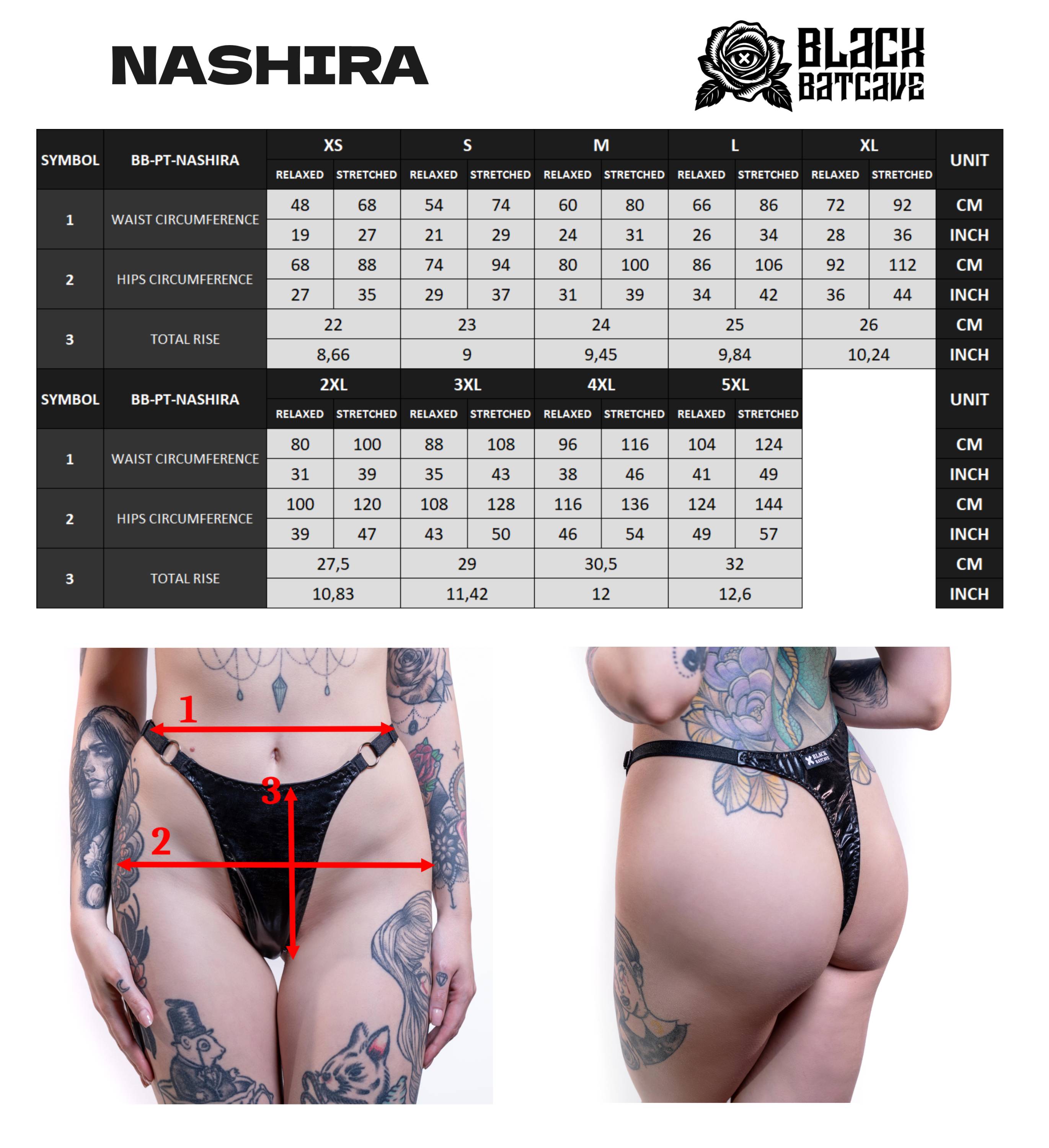 Measurement chart for strappy wet look thong, labeled 'Nashira' and 'Black Batcave'.