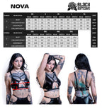 Measurement chart for a black cut-out wet look bra with model examples and size guide.