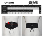 Black corset belt with measurement chart on a white background