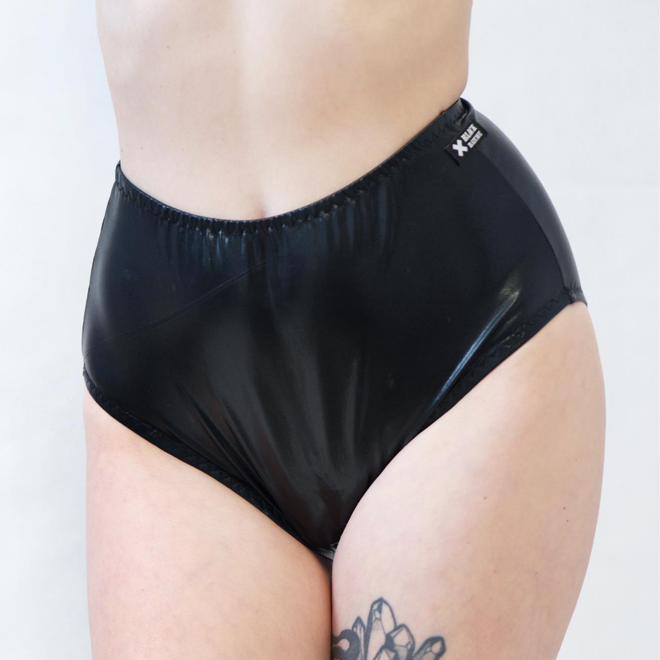 Black wet-look cut-out panties on a white background