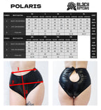Measurement chart for black wet-look cut-out panties with Polaris and Black Batcave branding.