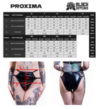 Size chart for Proxima wet-look cut-out panties with measurements on a white background