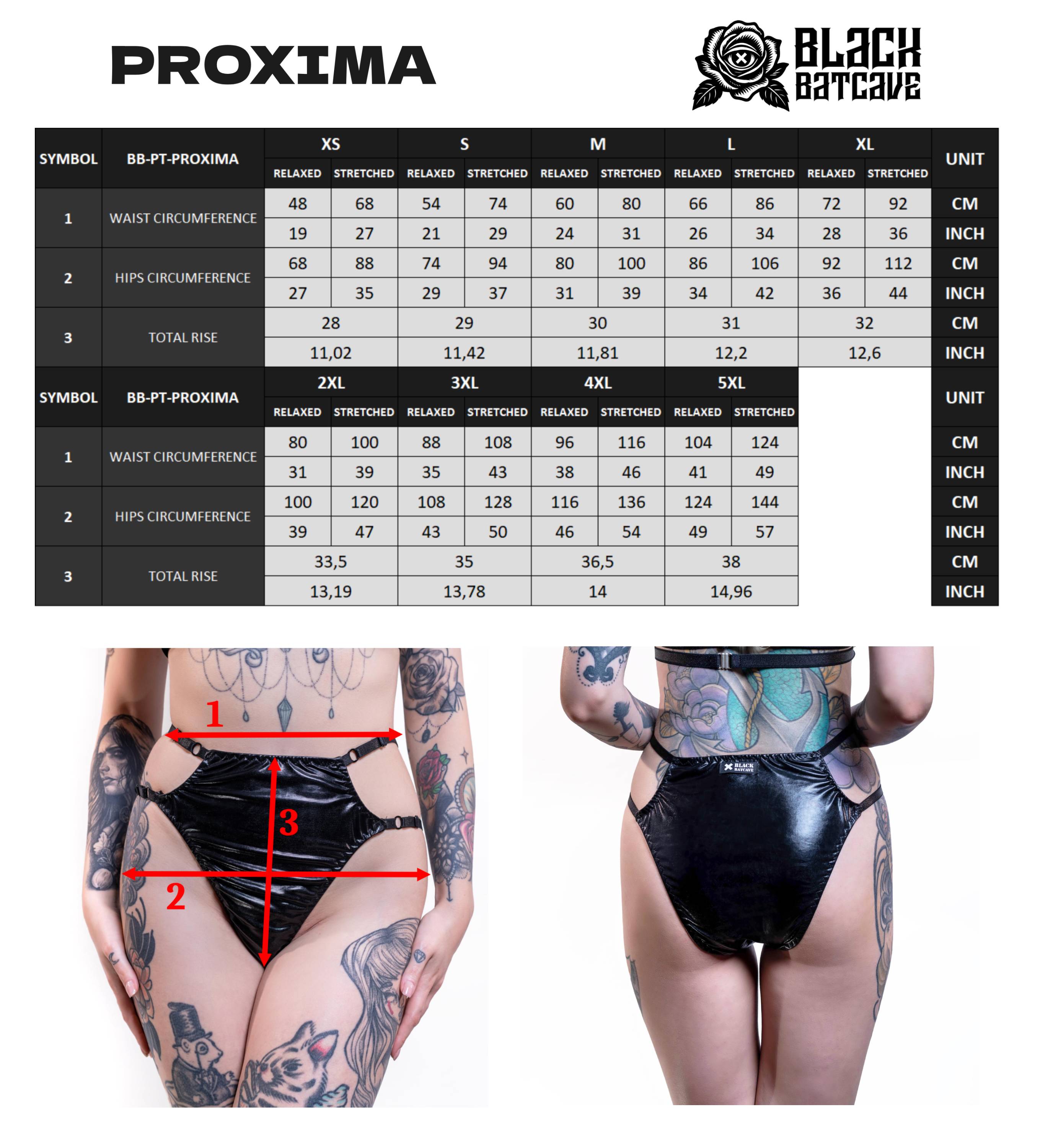 Size chart for Proxima wet-look cut-out panties with measurements on a white background