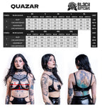 Measurement chart for a black harness with model examples and size guide.