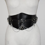 Black leather belt with chain details on a mannequin against a white background