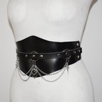 Black leather belt with chain details on a mannequin against a white background