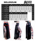 Measurement chart for a black wet-look cut-out maxi skirt with a model wearing it, labeled 'Selenium' by Black Batcave.
