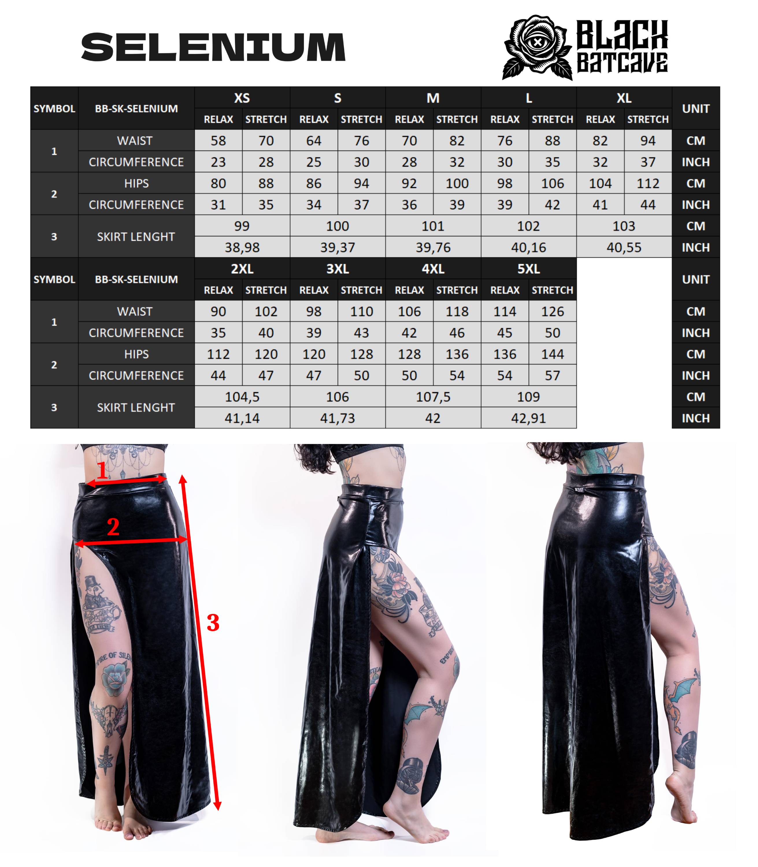 Measurement chart for a black wet-look cut-out maxi skirt with a model wearing it, labeled 'Selenium' by Black Batcave.