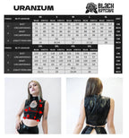 Measurement chart for a black wet-look sleeveless crop top with 'Uranium' branding and two models wearing the top.