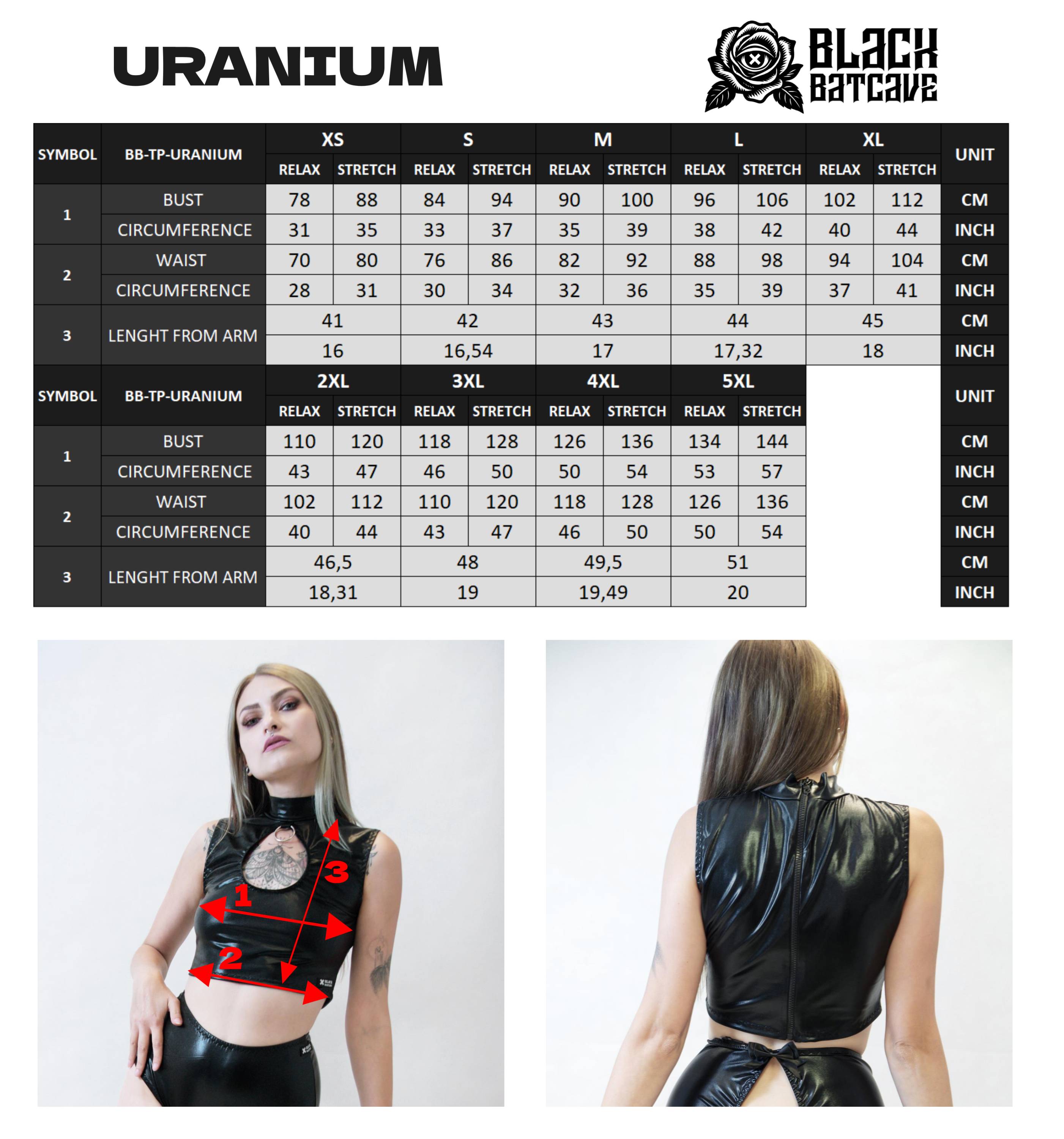Measurement chart for a black wet-look sleeveless crop top with 'Uranium' branding and two models wearing the top.