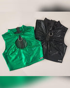Green and black wet-look sleeveless crop top on a light gray background