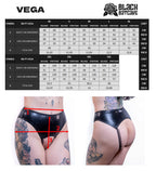 Measurement chart for a product with 'Vega' branding and two models wearing wet-look open crotch panties.