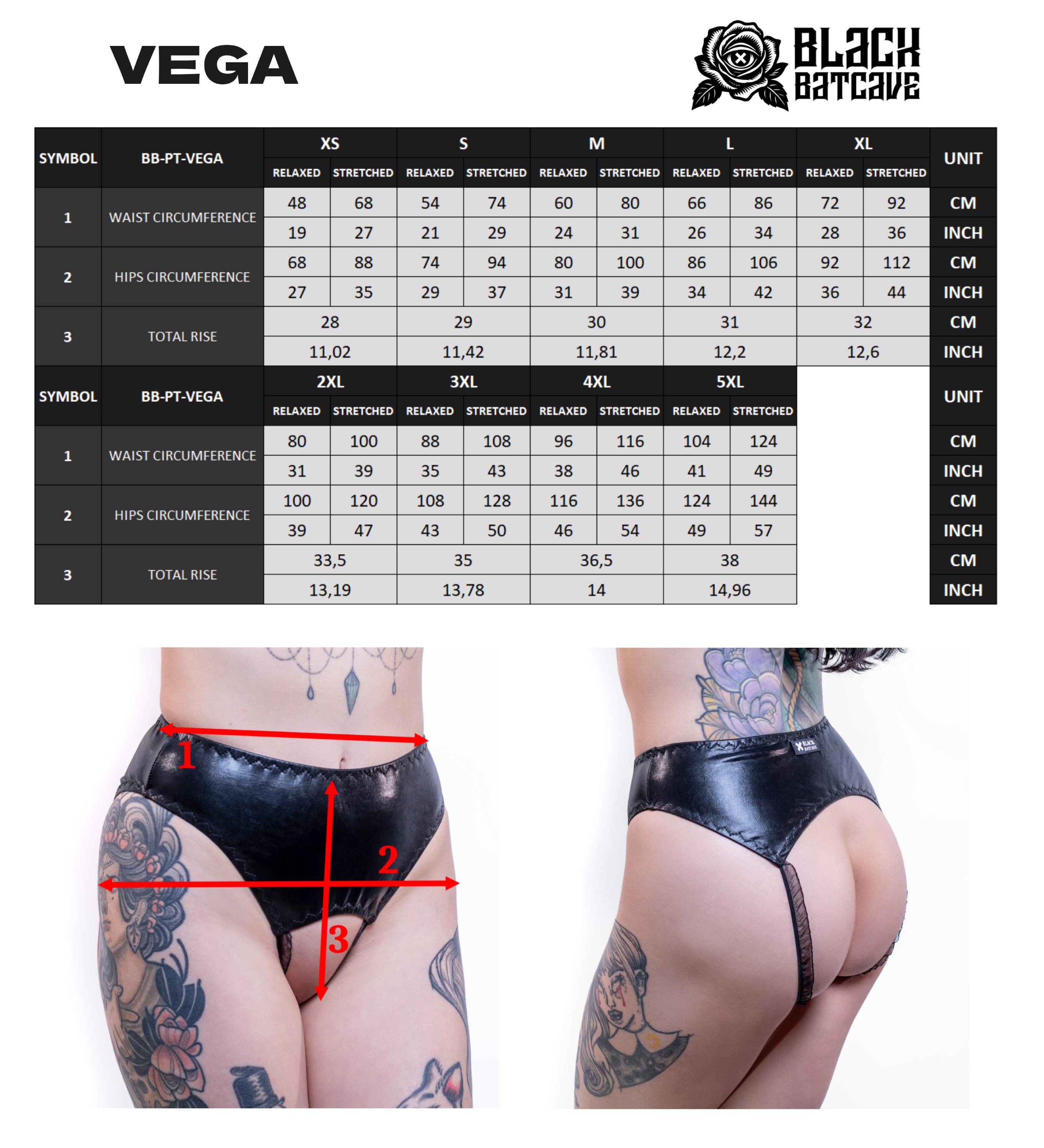 Measurement chart for a product with 'Vega' branding and two models wearing wet-look open crotch panties.
