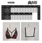 Black wet look triangle bra on a mannequin with measurement chart and brand logo.