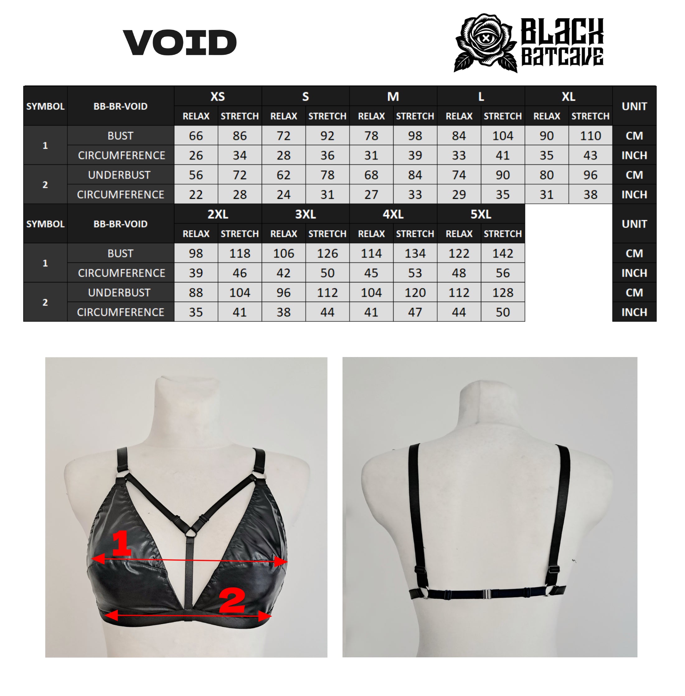 Black wet look triangle bra on a mannequin with measurement chart and brand logo.