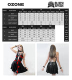 Measurement chart for a black dress with model examples and Ozone and Black Batcave branding.