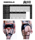 Measurement chart for a wet look garter belt with a model wearing it, from Black Batcave brand.