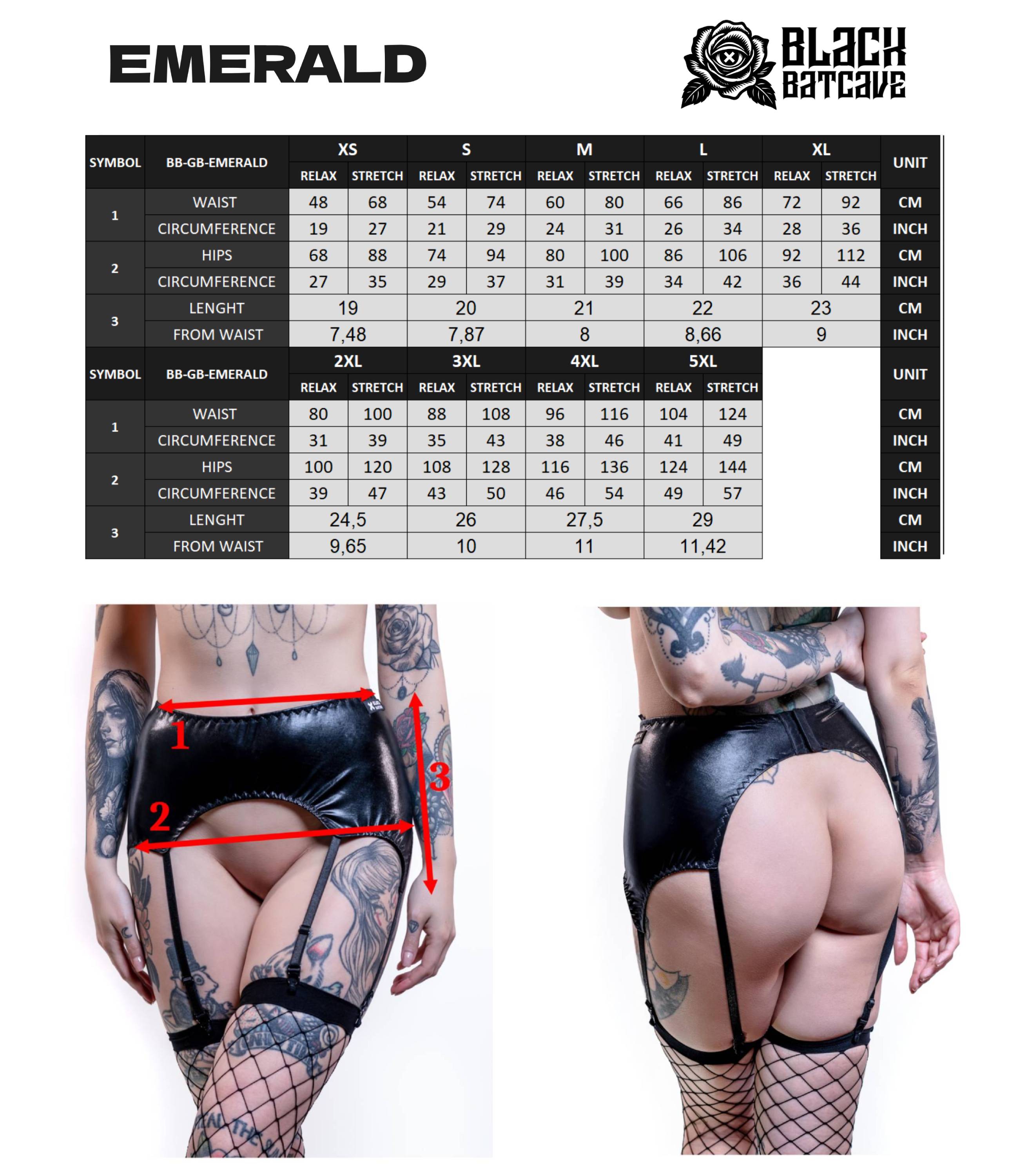Measurement chart for a wet look garter belt with a model wearing it, from Black Batcave brand.