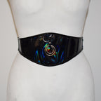 Black patent leather belt with colorful design on a mannequin against a white background